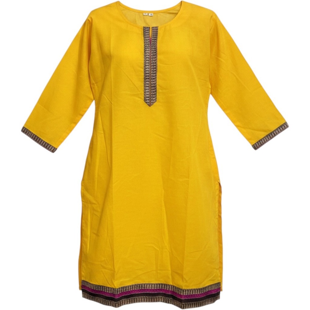 Yellow Cotton Embroidered Kurti Tunic Long Sleeve Scoop Neck Side Slits Size 36